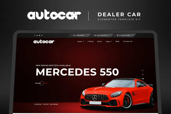 Autocar car dealer Elementor template kit preview showing dealership website pages