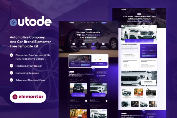 Autode automotive company and car brand Elementor template kit preview