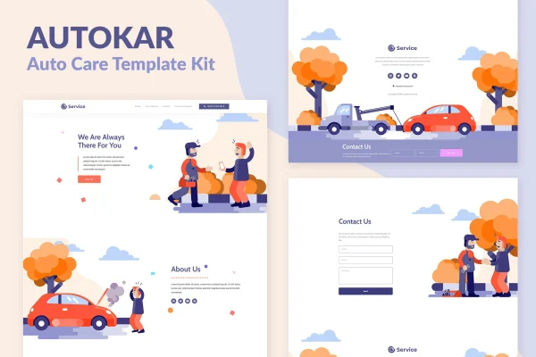 Autokar auto care Elementor template kit preview showing car repair website pages