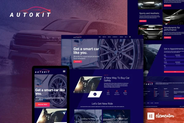 AutoKit car dealership Elementor template kit preview with dark page layouts