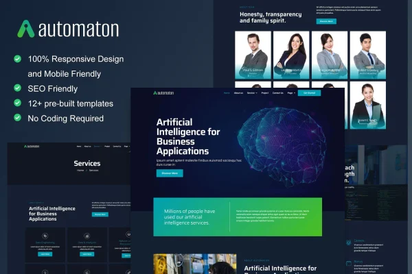 Automaton Elementor template kit cover with dark AI and technology services website pages
