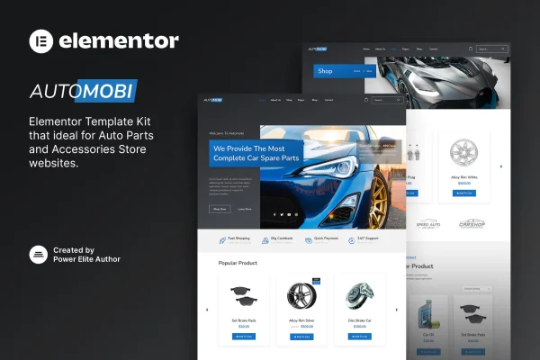 Automobi auto parts store and accessories Elementor template kit preview