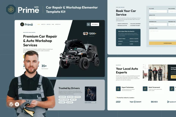 AutoPrime car repair and workshop Elementor template kit preview