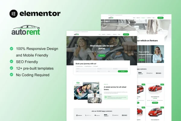 AutoRent car rental service Elementor template kit preview