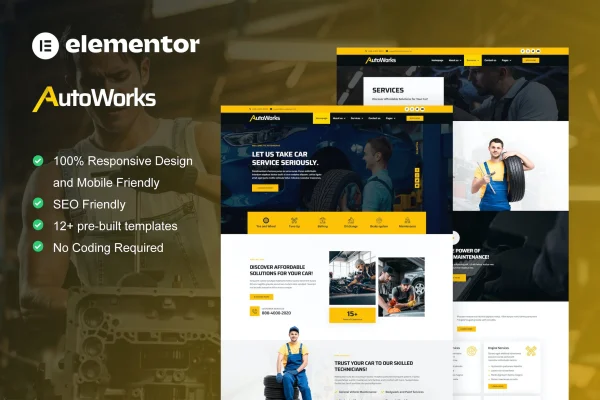 AutoWorks car repair and auto services Elementor template kit cover image