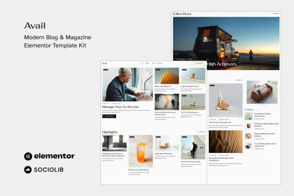 Avail blog and magazine Elementor template kit preview