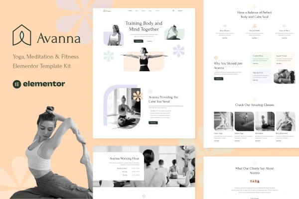 Avanna yoga, meditation and fitness Elementor template kit preview