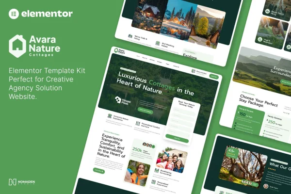Avara nature cottages Elementor template kit preview with rustic cottage website pages