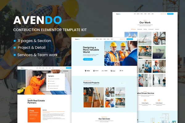 Avendo construction Elementor template kit preview