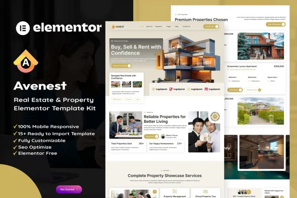 Avenest real estate Elementor template kit preview