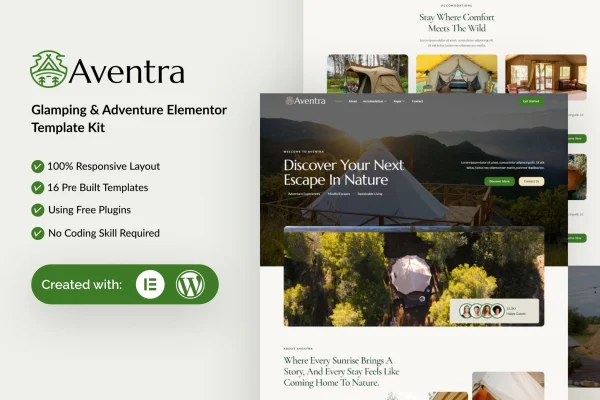 Aventra glamping and adventure Elementor template kit preview