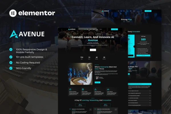 Avenue event and conference Elementor template kit preview