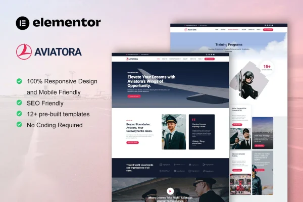 Aviatora aviation and flight school Elementor template kit preview