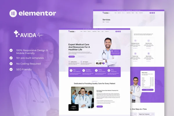 Avida health and medical Elementor template kit preview