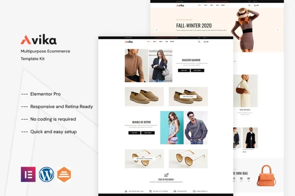 Avika multipurpose eCommerce Elementor template kit cover showing online store page designs