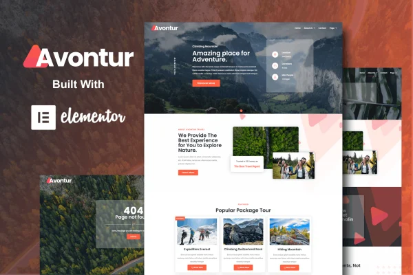 Avontur tour and travel Elementor template kit preview with glassmorphism page layouts