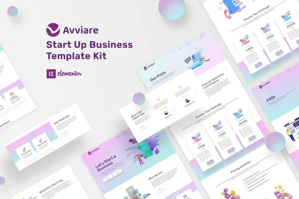 Avviare Start Up Business Elementor Template Kit cover with 3D startup website page designs