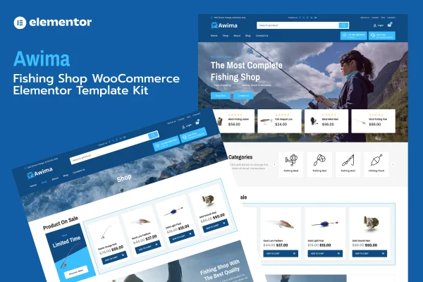 Awima fishing shop WooCommerce Elementor Pro template kit cover image
