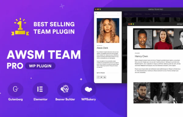AWSM Team Pro plugin banner showing team member profile cards