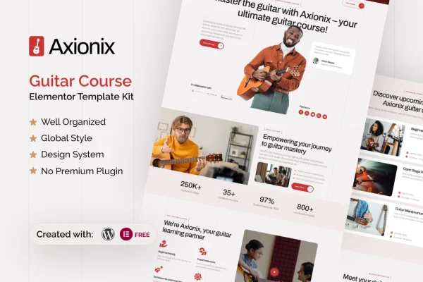Axionix guitar course Elementor template kit preview