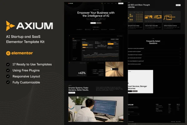 Axium AI startup and SaaS Elementor template kit preview