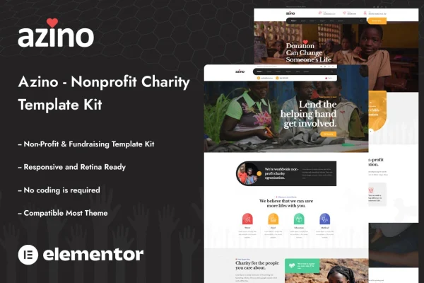 Azino nonprofit charity Elementor template kit cover image