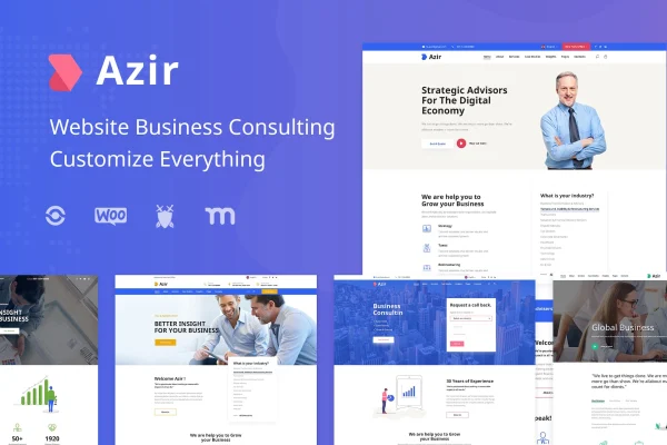 Azir finance consulting Elementor template kit cover showing website page layouts
