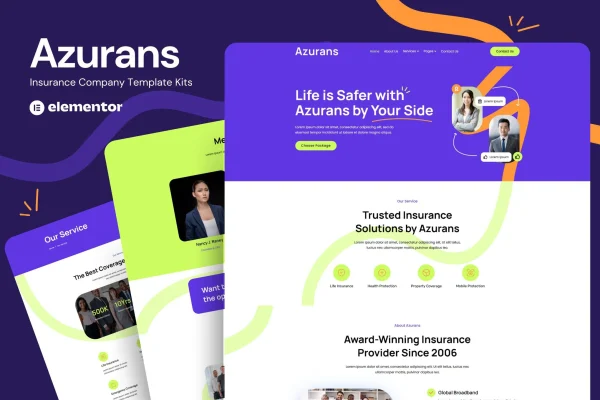 Azurans insurance company Elementor template kit preview