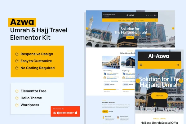 Azwa Umrah and Hajj travel Elementor template kit cover with black themed page designs