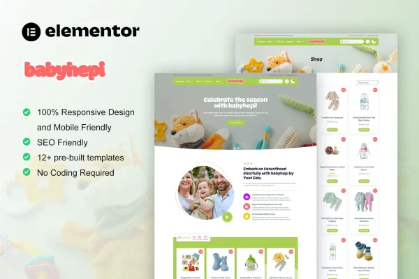 BabyHepi Elementor template kit cover showing kids store and baby shop page designs