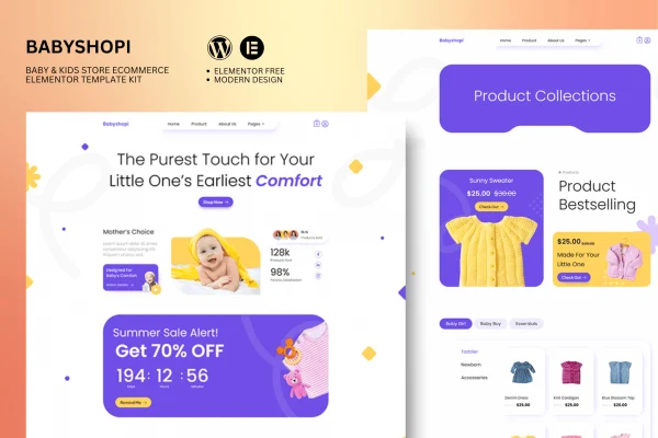 Babyshopi Elementor template kit preview with colorful baby shop page layouts