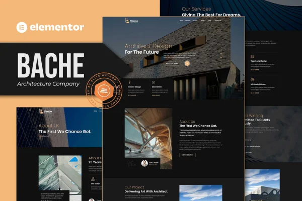Bache architecture company Elementor template kit preview showing website page layouts