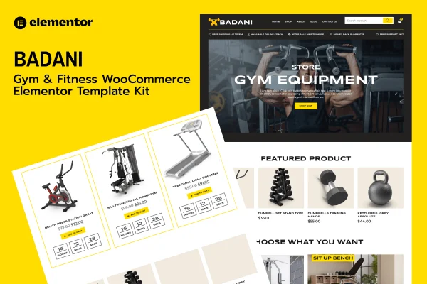 Badani gym fitness equipment store Elementor template kit preview