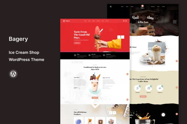Bagery ice cream shop WordPress theme preview with colorful dessert layout