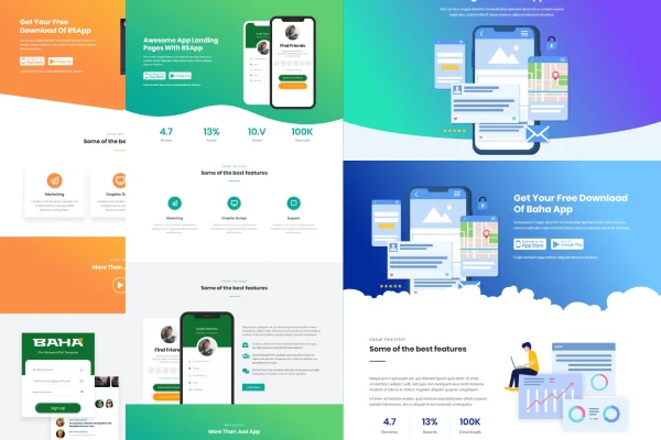 Baha Apps Landing Elementor Template Kit preview showing app landing page layouts