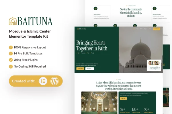 Baituna mosque and Islamic center Elementor template kit preview