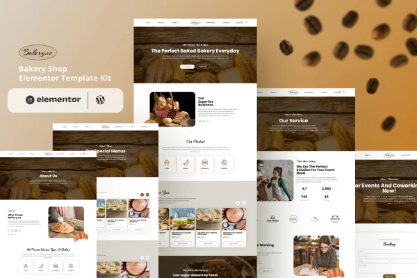Bakery.co Elementor template kit cover showing bakery website page designs
