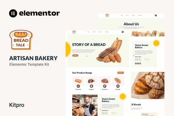 Baketale artisan bakery Elementor template kit preview showing bakery website page layouts