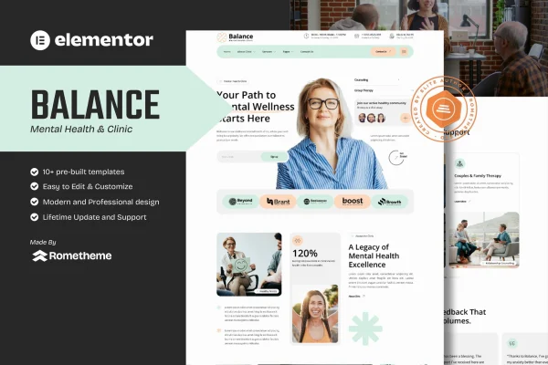 Balance mental health clinic Elementor template kit cover image
