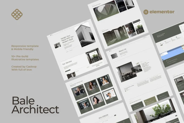 Bale architect Elementor template kit cover showing modern industrial page layouts