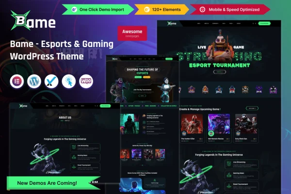 Bame eSports and gaming WordPress theme preview with gaming homepage layouts