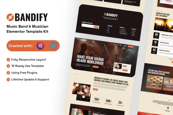Bandify music band and musician Elementor template kit preview