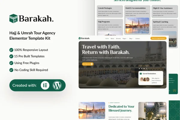 Barakah Hajj and Umrah tour agency Elementor template kit preview