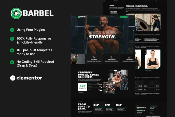 Barbel fitness gym Elementor template kit preview