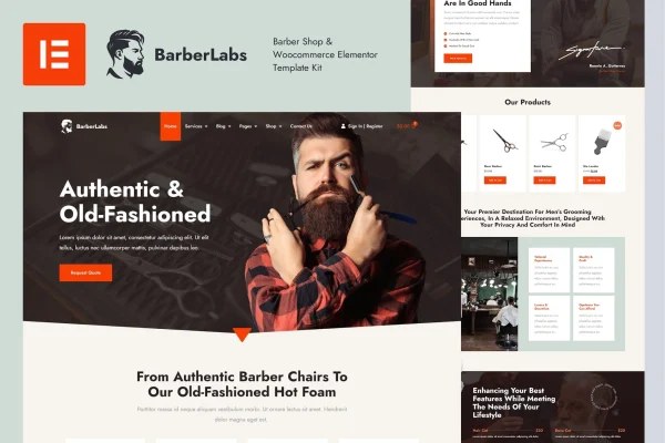 BarberLabs barber shop Elementor template kit page previews