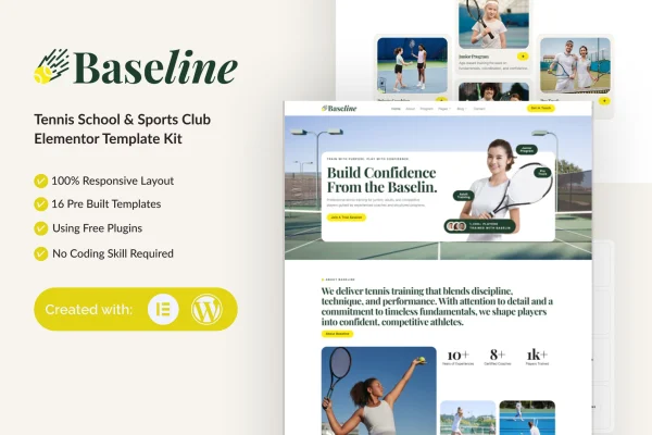 Baseline tennis school and sports club Elementor template kit preview