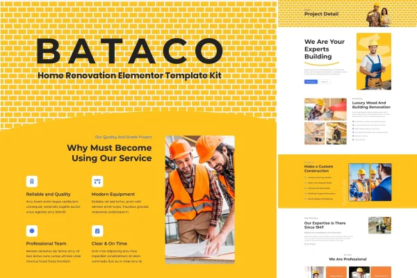 Bataco home renovation and construction Elementor template kit preview