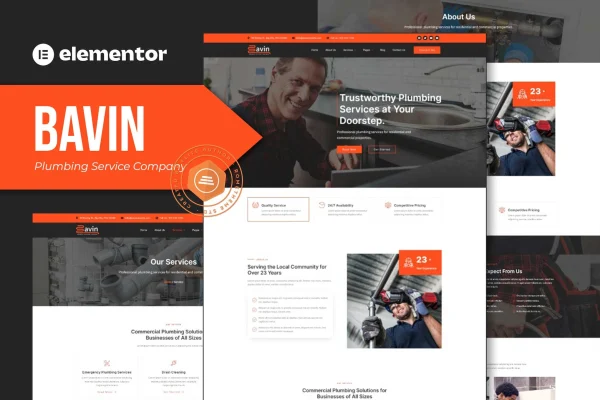 Bavin plumbing service company Elementor template kit preview