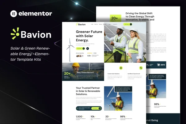 Bavion solar and renewable energy Elementor template kit preview