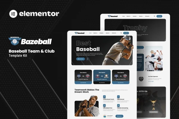 Bazeball sports team Elementor template kit preview